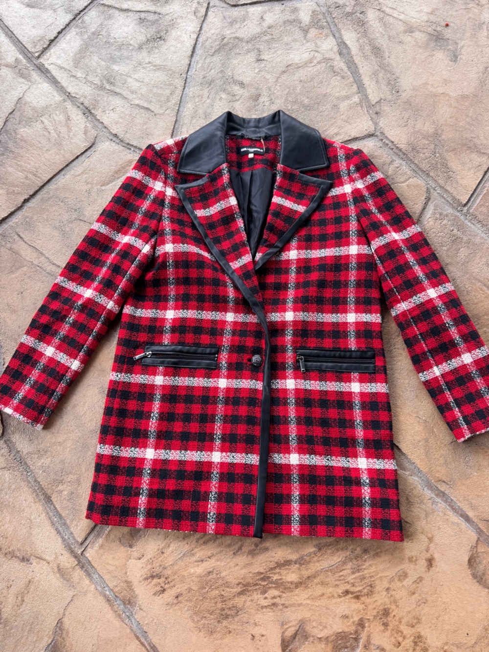 Karl Lagerfeld Paris Plaid Faux Leather Trim Long Blazer Jacket Size 10 - Picture 13 of 16